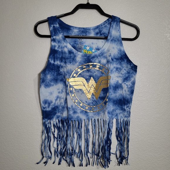 DC Comics Wonder Woman Fringe Tie Dye Women's Juniors Blue‎ Tank Top - Picture 4 of 5
